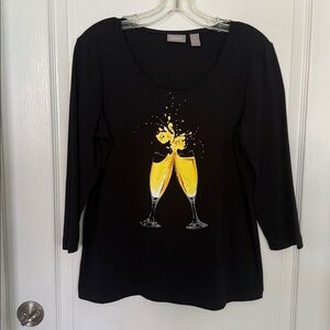 Chico's Black 3/4 Length Sleeve Top with Yellow Champagne Design